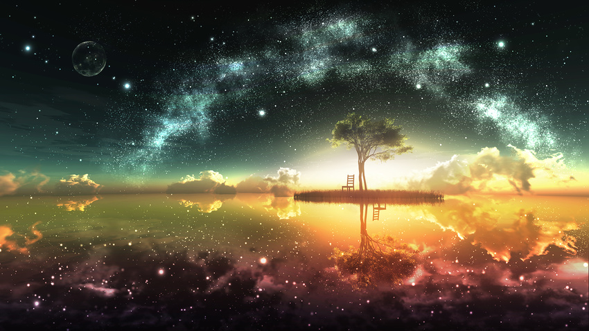 chair cloud different_reflection full_moon highres moon night night_sky no_humans original reflection scenery sky star_(sky) starry_sky sunset tree wallpaper y-k_(y_k14)