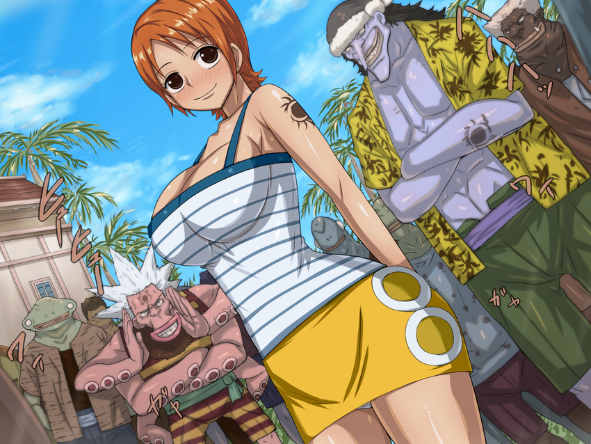 1girl arlong arms_behind_back bare_shoulders black_eyes blush breasts cleavage conomi_islands east_blue hatchan highres hips huge_breasts legs monster monster_boy multiple_boys nami nami_(one_piece) one_piece orange_hair pirate shirt short_hair skirt smile standing tattoo thighs white_hair