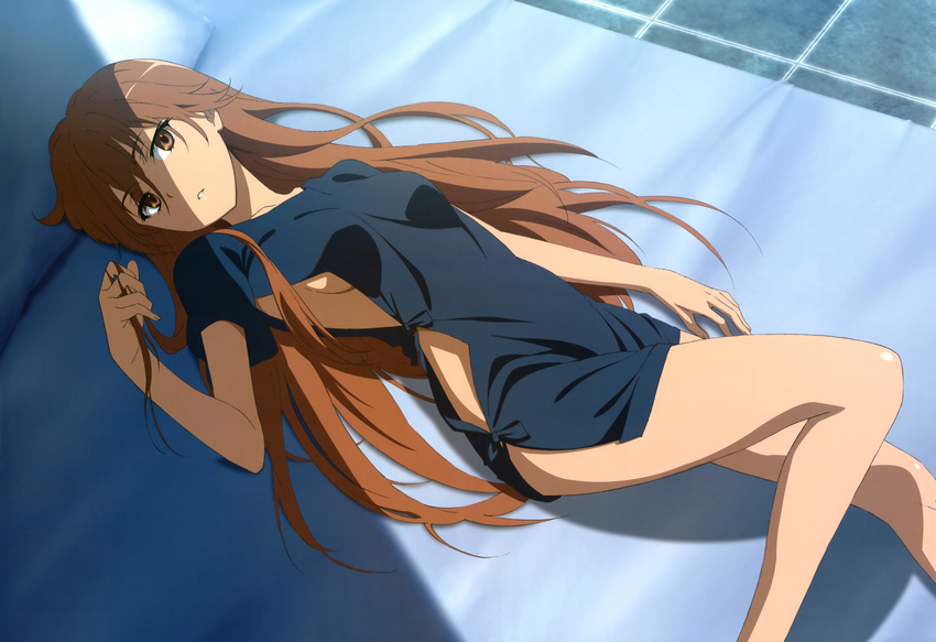 absurdres breasts brown_hair fujii_masahiro highres hospital_gown legs long_hair lying medium_breasts misaka_imouto misaka_imouto_9982 non-web_source nyantype official_art on_back sideboob solo to_aru_kagaku_no_railgun to_aru_majutsu_no_index