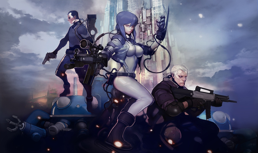 2boys batou blade boots breasts building city cloud cyberpunk cyborg ghost_in_the_shell gloves gun h&amp;k_mp5 hawooe_hahn heckler_&amp;_koch highres jacket kusanagi_motoko large_breasts mecha multiple_boys ponytail purple_hair saitou_(ghost_in_the_shell) science_fiction short_hair shotgun submachine_gun tachikoma usas-12 weapon white_hair