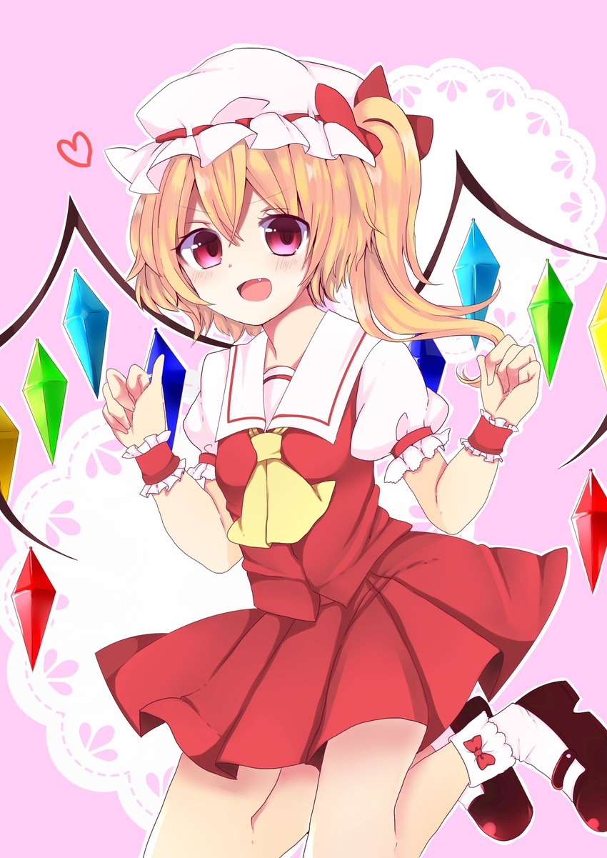 ascot bad_id bad_pixiv_id blonde_hair bobby_socks flandre_scarlet hat heart highres jumping kenpin looking_at_viewer mary_janes open_mouth red_eyes shoes short_hair side_ponytail simple_background smile socks solo touhou wings