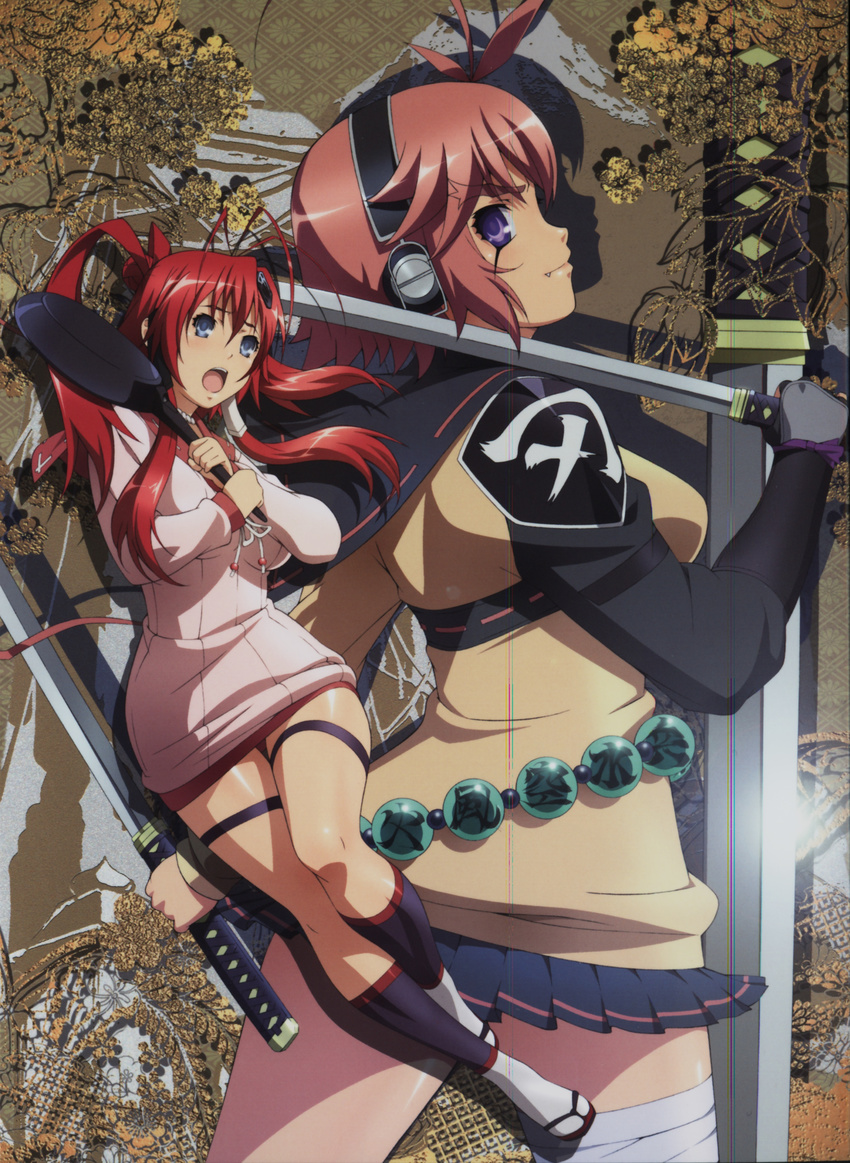 2girls absurdres breasts frying_pan headphones highres hyakka_ryouran_samurai_bride hyakka_ryouran_samurai_girls large_breasts long_hair miyamoto_musashi_(hyakka_ryouran) multiple_giofficial_art multiple_girls musashi_miyamoto official_art red_hair sword weapon yagyuu_juubei_(hyakka_ryouran)