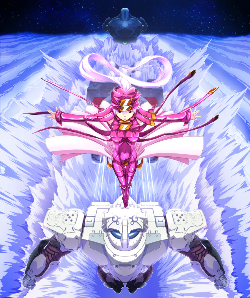 bodysuit cloud dress full_body highres long_hair long_sleeves machinery mecha mugen_no_ryvius neya_(mugen_no_ryvius) outstretched_arms pink_bodysuit pink_dress red_eyes sky solo star star_(sky) starry_background starry_sky uganda