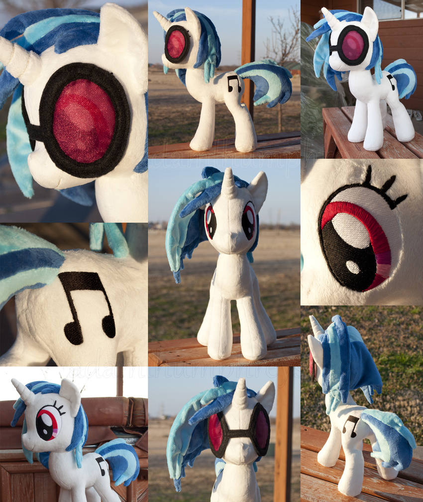 adamlhumphreys blue_hair cutie_mark equine eyewear female feral friendship_is_magic glasses hair horn horse mammal my_little_pony outside photo plushie pony real red_eyes sunglasses table two_tone_hair unicorn vinyl_scratch_(mlp)