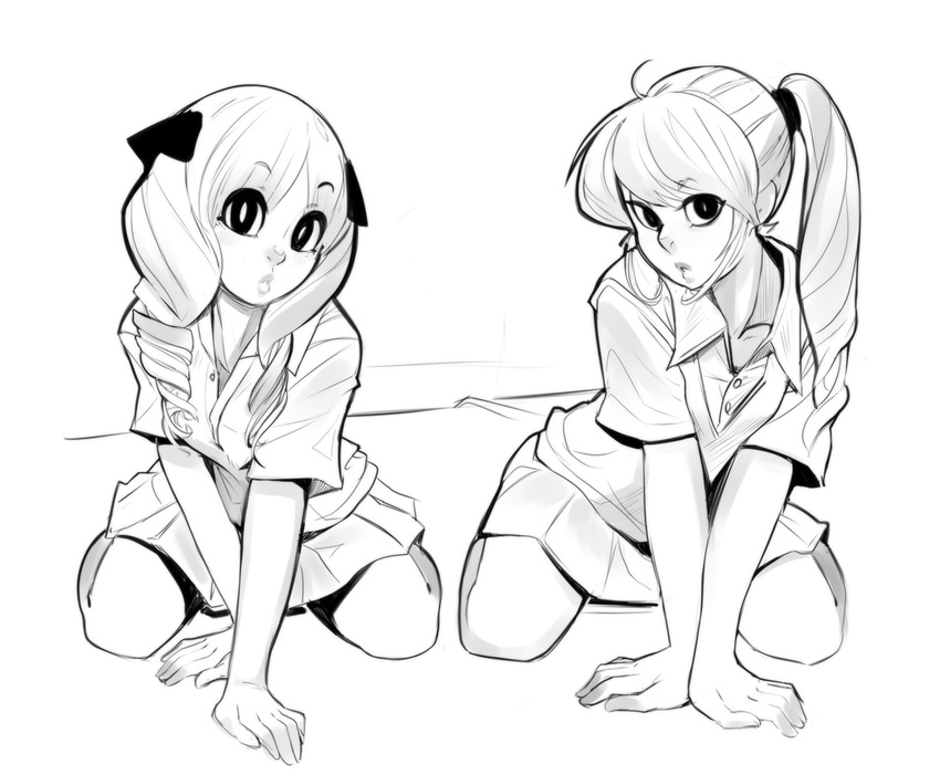 bare_legs copyright_request drill_hair greyscale hair_ribbon head_tilt kneeling long_hair looking_at_viewer monochrome multiple_girls polo_shirt ponytail puckered_lips ribbon scrunchie seductive_smile sho-n-d skirt smile sportswear tennis_uniform twin_drills twintails v_arms