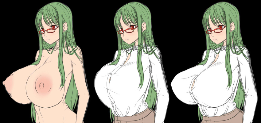 1girl breasts glasses green_hair huge_breasts impossible_clothes impossible_shirt kloah otsuka_ren red_eyes shirt solo