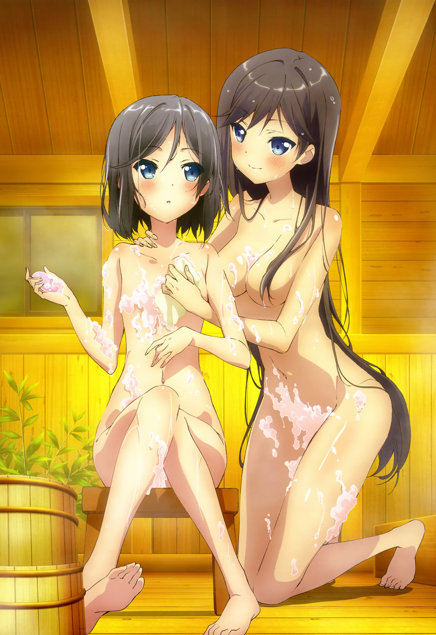 :o absurdres barefoot bath black_hair blue_eyes blush breasts bubble cleavage convenient_arm convenient_censoring feet flat_chest hair_censor hair_over_one_breast hentai_ouji_to_warawanai_neko. highres itou_youko kneeling legs long_hair medium_breasts multiple_girls navel non-web_source nude nyantype official_art scan short_hair siblings sisters sitting smile soap_bubbles soap_censor soles sponge toes tsutsukakushi_tsukiko tsutsukakushi_tsukushi washing yellow_sponge