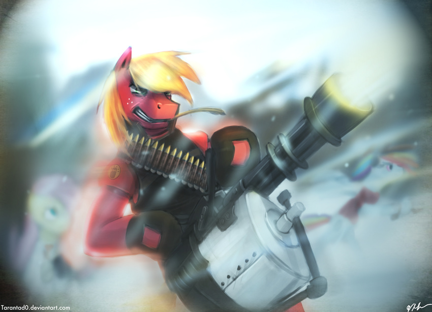 big_macintosh_(mlp) blonde_hair clothing english_text equine fluttershy_(mlp) freckles friendship_is_magic fur green_eyes group hair heavy_(team_fortress_2) horse male mammal minigun mouth_hold my_little_pony pony rainbow_dash_(mlp) ranged_weapon red_fur tarantad0 team_fortress_2 text weapon wheat