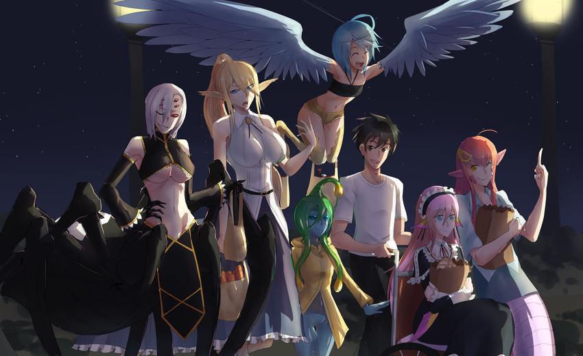 6+girls ahoge animal_ears antennae arachne bag bare_shoulders black_gloves black_hair blonde_hair blue_eyes blue_hair blue_skin blue_wings bottomless bread breasts brown_eyes capelet centaur centauroid centorea_shianus crop_top cutoffs cyzir_visheen detached_collar detached_sleeves everyone extra_eyes fang feathered_wings feathers fins flat_chest food gloves goo_girl gothic_lolita green_eyes green_hair hair_over_one_eye harem harpy head_fins highres horse_ears huge_ahoge huge_breasts insect_girl kurusu_kimihito lamia loincloth lolita_fashion long_hair maid_headdress mermaid meroune_lorelei midriff miia_(monster_musume) monster_girl monster_musume_no_iru_nichijou multiple_girls navel night night_sky no_pupils no_pussy open_fly papi_(monster_musume) pink_hair pointing pointing_up pointy_ears ponytail rachnera_arachnera raincoat red_eyes scales see-through shooting_star shopping_bag short_hair skirt sky sleeveless slender_waist slit_pupils smile spider_girl star_(sky) starry_sky strapless suu_(monster_musume) tubetop underboob unzipped wheelchair white_hair wings yellow_eyes