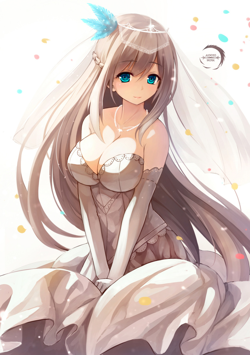 1girl absurdres bare_shoulders blue_eyes breasts bridal_veil bride cleavage collarbone dress elbow_gloves gloves grey_dress hair_ornament highres jewelry large_breasts lexington_(zhan_jian_shao_nyu) light_brown_hair long_hair looking_at_viewer necklace personification smile solo strapless strapless_dress tiara v_arms veil very_long_hair wedding_dress xiaoyin_li zhan_jian_shao_nyu