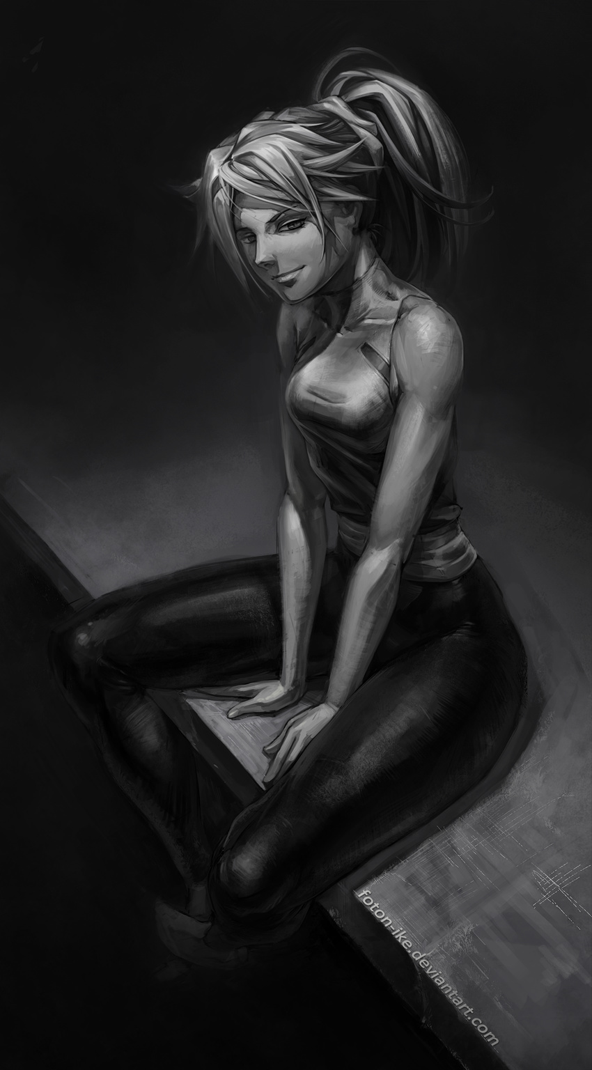 absurdres bleach breasts dark_skin foton-ike greyscale highres long_hair md5_mismatch medium_breasts monochrome ponytail shihouin_yoruichi smile solo stitched third-party_edit