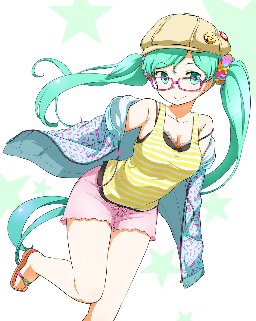 bespectacled bra cabbie_hat full_body glasses green_eyes green_hair hat hatsune_miku highres hood hoodie long_hair musical_note nagian open_clothes open_hoodie sandals scrunchie shorts smile solo strap_slip striped tank_top twintails underwear very_long_hair vocaloid