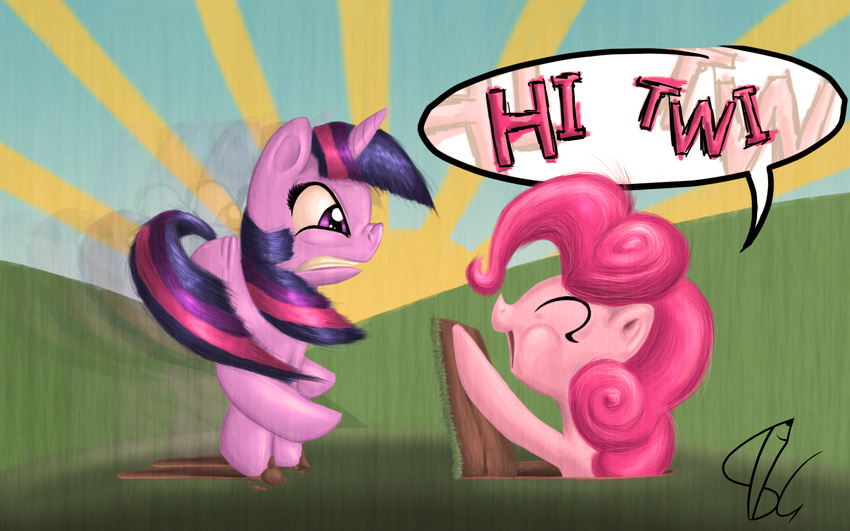 dialog english_text equine female feral friendship_is_magic fur hair horn horse mammal multi-colored_hair my_little_pony pink_fur pink_hair pinkie_pie_(mlp) pinkie_pie_out_of_fucking_nowhere pony purple_eyes purple_fur purple_hair sammygeeart text twilight_sparkle_(mlp) unicorn
