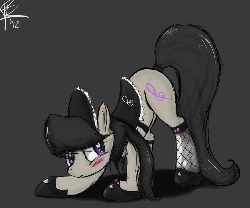 2012 absurd_res ass_up black_hair clothing cutie_mark equine female feral fishnet friendship_is_magic hair hi_res horse legwear looking_back maid maid_uniform mammal my_little_pony octavia_(mlp) peperoger plain_background pony purple_eyes saddle signature solo stockings