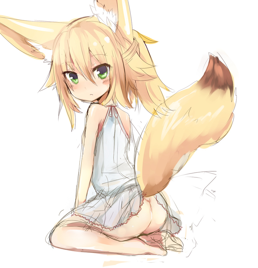 animal_ears ass bare_legs bare_shoulders barefoot blonde_hair blush dress fox_ears fox_tail from_behind full_body green_eyes haik hair_between_eyes halterneck highres kokonoe_tsubaki looking_at_viewer looking_back no_panties original plantar_flexion seiza short_hair simple_background sitting sketch sleeveless solo tail tail_lift toes tsurime white_background