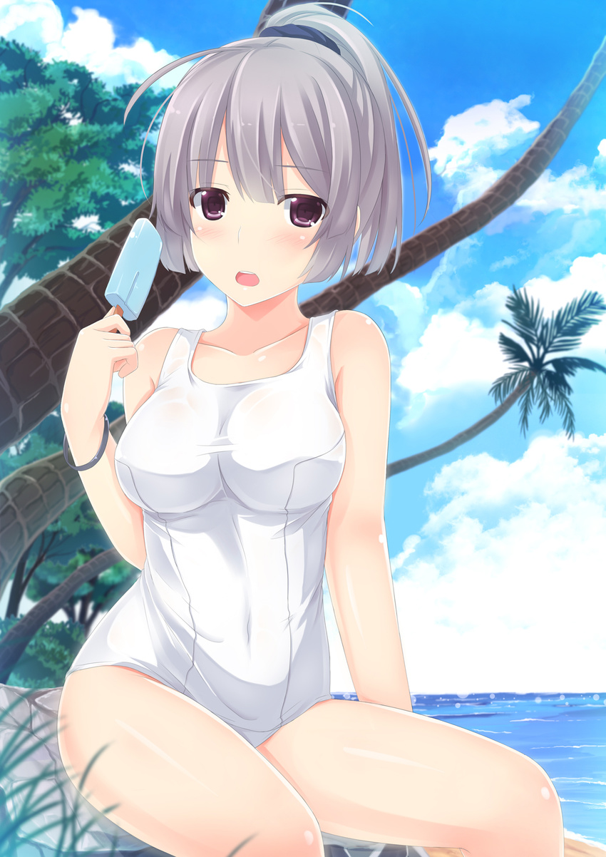 beach blush breasts cloud day food highres looking_at_viewer medium_breasts mizunashi_kenichi one-piece_swimsuit open_mouth original outdoors popsicle purple_eyes school_swimsuit short_hair sitting sky solo swimsuit water white_swimsuit