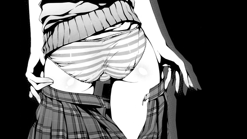 ass black_background cleaned cropped deviantart_sample downscaled drop_shadow from_behind greyscale highres image_sample kantoku kurumi_(kantoku) md5_mismatch monochrome open_clothes open_skirt original panties plaid plaid_skirt pleated_skirt resized shadow shiny shiny_skin simple_background skirt solo striped striped_panties trefoil underwear undressing