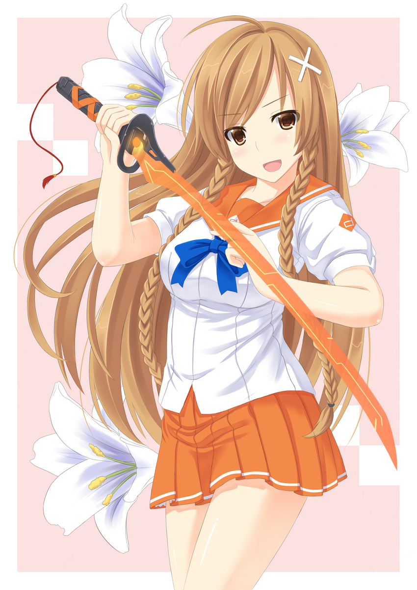 bad_id bad_pixiv_id blush braid breasts brown_eyes brown_hair culture_japan flower highres lily_(flower) long_hair looking_at_viewer medium_breasts mirai_millennium mizunashi_kenichi open_mouth school_uniform serafuku skirt smile solo suenaga_mirai sword twin_braids very_long_hair weapon