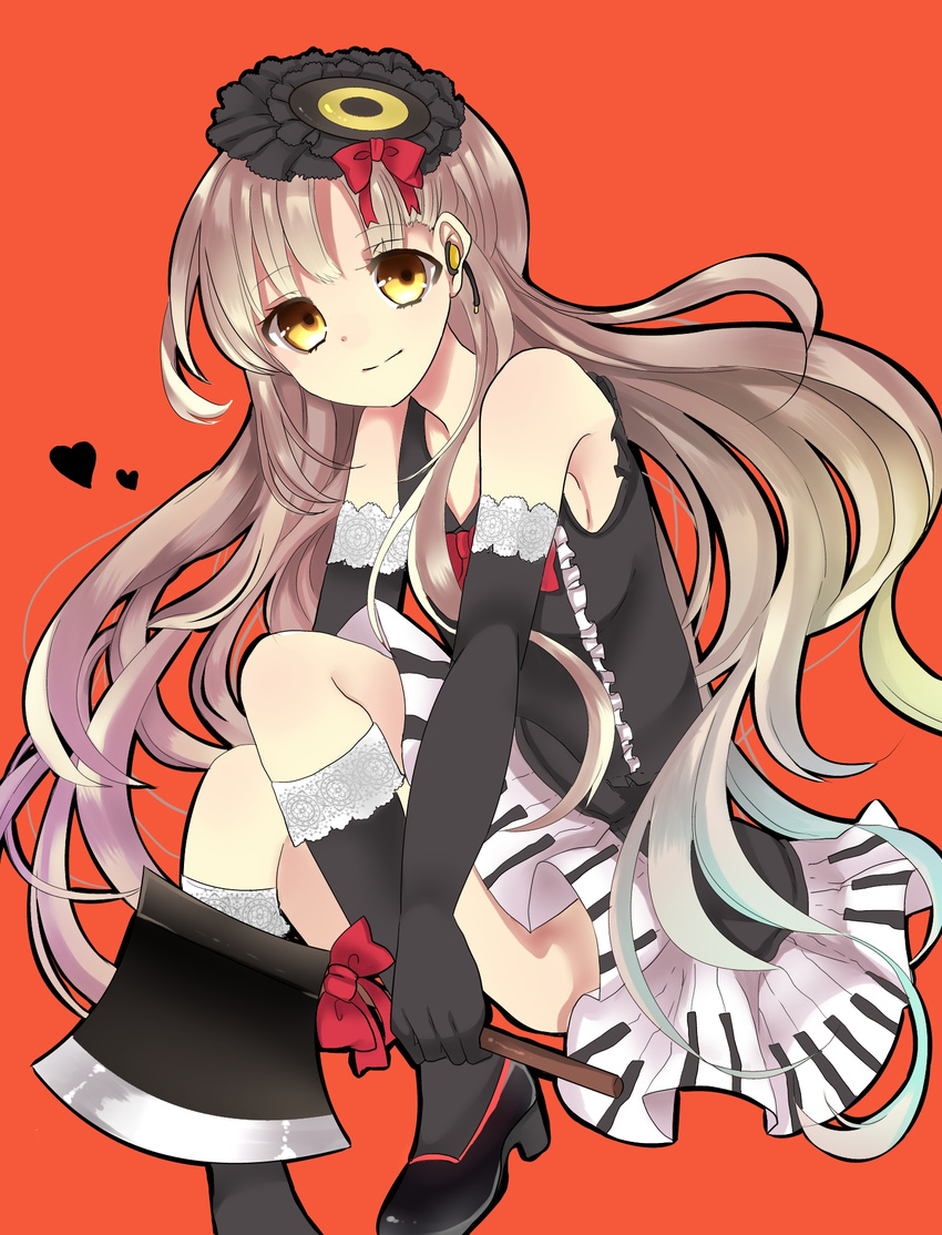 axe bad_id bad_pixiv_id blonde_hair bow dress elbow_gloves gloves gothic_lolita gradient_hair hair_ornament hat heart highres kenpin lolita_fashion long_hair looking_at_viewer mayu_(vocaloid) multicolored_hair piano_print simple_background sitting solo vocaloid weapon yandere yellow_eyes
