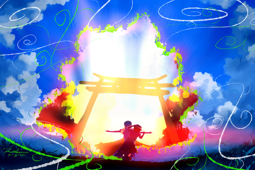 beams blonde_hair blouse blue_sky cloud commentary_request dated dress from_behind gradient gradient_background grass hand_on_headwear hat highres light long_hair maribel_hearn mob_cap multiple_girls outstretched_arms skirt sky spread_arms torii touhou usami_renko wjstpwls4