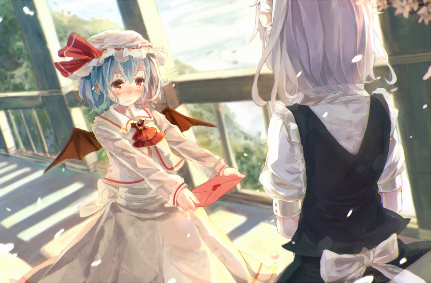 ascot bat_wings blue_hair blush bou_shaku brooch cherry_blossoms confession hat hat_ribbon highres izayoi_sakuya jewelry letter long_sleeves love_letter maid maid_headdress mob_cap multiple_girls outstretched_arms petals puffy_sleeves red_eyes remilia_scarlet revision ribbon sash shirt short_sleeves silver_hair skirt skirt_set touhou wings yuri