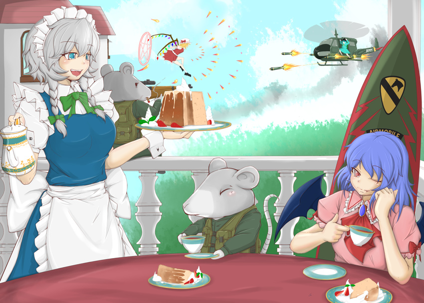 aircraft animal_ears bat_wings blonde_hair blue_eyes blue_hair braid cake cat_shit_one cube85 cup danmaku day flandre_scarlet flying food gun hat helicopter izayoi_sakuya kawashiro_nitori maid maid_headdress missile mouse_ears mouse_tail multiple_girls red_eyes remilia_scarlet ribbon rifle short_hair silver_hair sky tail teacup touhou twin_braids uh-1_iroquois uniform weapon wings