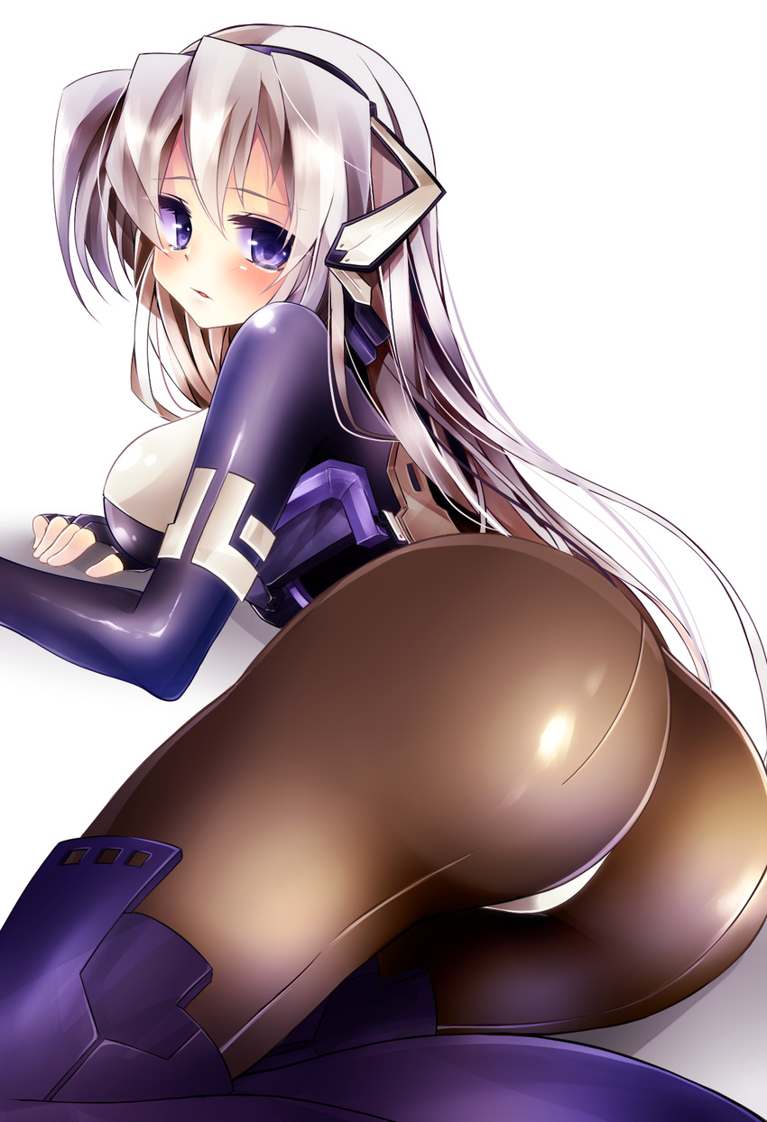 1girl android ass blue_eyes blush bodysuit female from_behind hinagesi1206 horizon_ariadust kyoukaisenjou_no_horizon light_smile long_hair looking_at_viewer looking_back lying on_side pantyhose silver_hair solo tears thighs