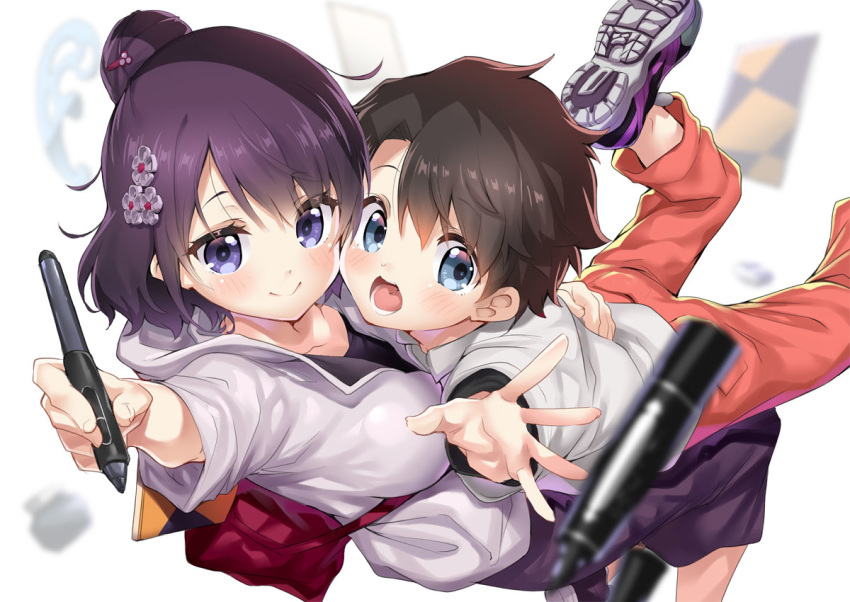 age_difference bag black_hair blue_eyes blurry blurry_background blurry_foreground breast_press casual commentary_request ekakibito fate/grand_order fate_(series) flower fujimaru_ritsuka_(male) hair_bun hair_flower hair_ornament hand_on_another's_back hug katsushika_hokusai_(fate/grand_order) long_skirt pants purple_eyes shirt short_hair sketchbook skirt stylus tied_hair white_shirt younger