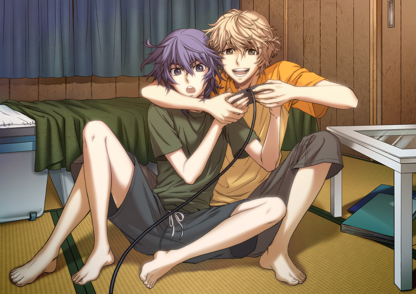 arm_around_neck barefoot bed blonde_hair blue_eyes blue_hair full_body highres koide_natsuno male_focus multiple_boys mutou_tooru playing_games saho shiki shorts yellow_eyes