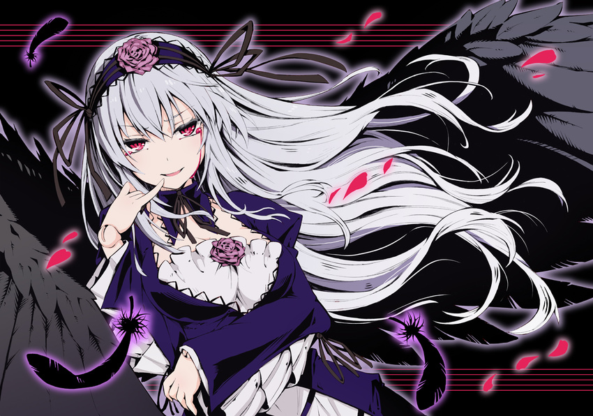 blood bloody_tears breasts cleavage doll_joints dress feathers finger_to_mouth flower gothic_lolita grin hairband lolita_fashion lolita_hairband long_hair medium_breasts petals pinky_to_mouth red_eyes rialess100 rose rozen_maiden silver_hair smile solo suigintou wings