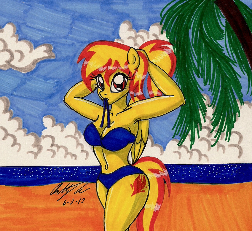anthro anthrofied bikini breasts brown_eyes cleavage clothed clothing cloud equine female friendship_is_magic hair horse looking_at_viewer mammal my_little_pony navel newyorkx3 outside palm_tree pegasus pony ponytail red_hair sand sea sky solo spitfire_(mlp) standing swimsuit tight_clothing tree two_tone_hair water wings wonderbolts_(mlp) yellow_eyes