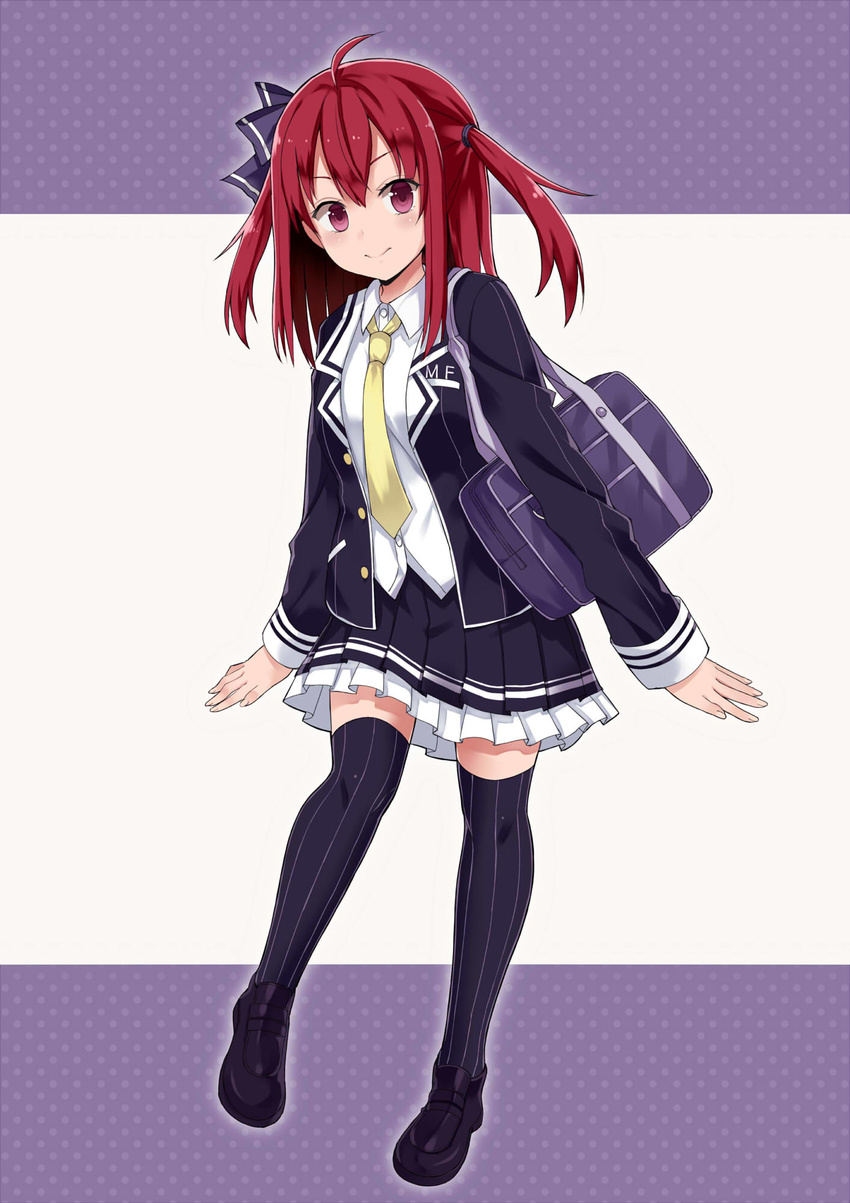 ahoge bag black_legwear highres kuhotaka long_hair long_sleeves looking_at_viewer necktie original pinstripe_pattern red_eyes red_hair school_bag school_uniform shoes skirt smile solo striped striped_legwear thighhighs two_side_up vertical-striped_legwear vertical_stripes