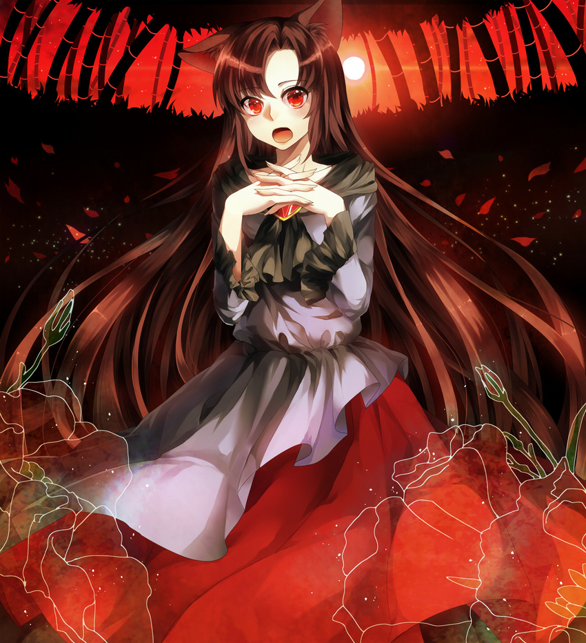 animal_ears bamboo bamboo_forest brown_hair dress flower forest fuuna_(conclusion) highres imaizumi_kagerou long_hair looking_at_viewer nature open_mouth petals red_dress red_eyes solo touhou wolf_ears