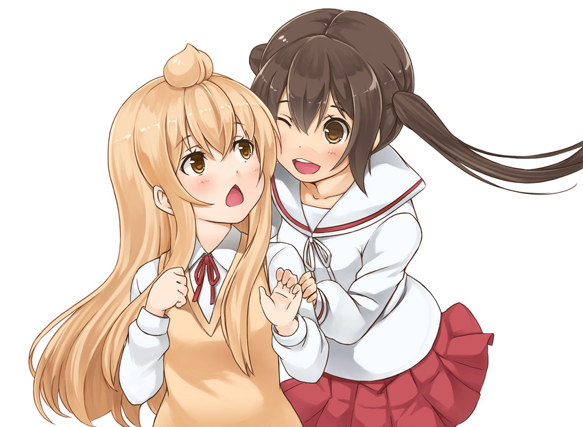 blonde_hair brown_eyes brown_hair chestnut_mouth head_to_head minami-ke minami_chiaki minami_kana mo-fu multiple_girls one_eye_closed ribbon school_uniform siblings sisters twintails