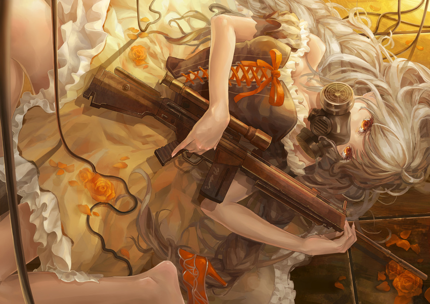 barefoot brown_eyes cross-laced_clothes flower gas_mask gun highres holding long_hair lying msg90 on_back original petals piyotama red_flower red_rose rifle rose silver_hair skirt sniper_rifle solo weapon