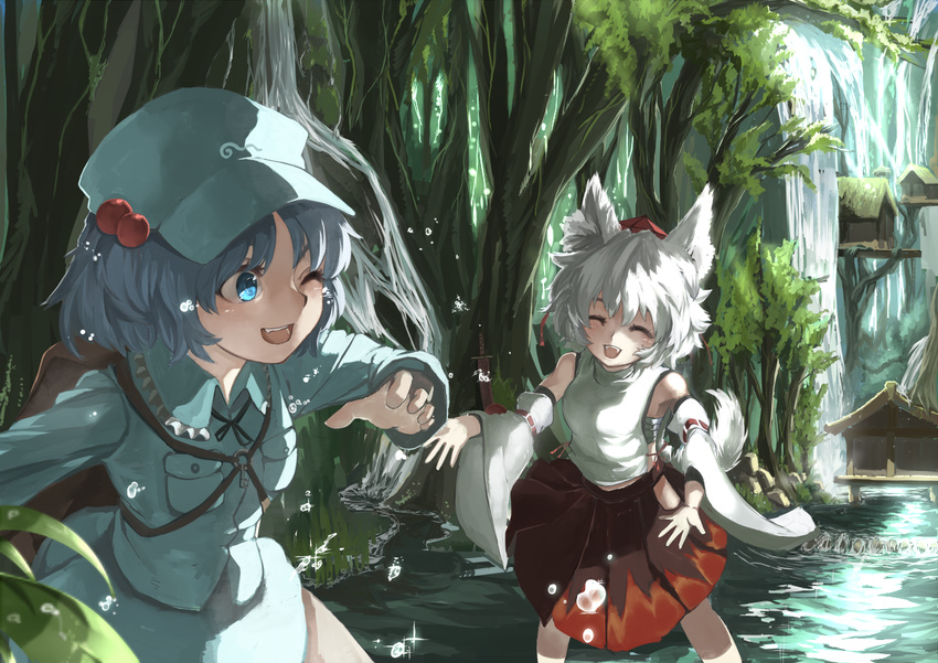animal_ears backpack bag blue_eyes blue_hair closed_eyes detached_sleeves forest hair_bobbles hair_ornament hat inubashiri_momiji kawashiro_nitori long_sleeves multiple_girls nature one_eye_closed open_mouth rikkido river sarashi shirt silver_hair skirt smile splashing tail tokin_hat touhou two_side_up water waterfall wide_sleeves wolf_ears wolf_tail