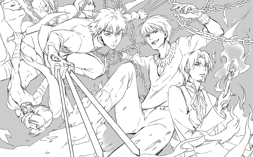 3boys assassin_(fate/zero) bad_id bad_pixiv_id between_fingers black_keys chain closed_mouth enkidu_(weapon) fate/zero fate_(series) female_assassin_(fate/zero) fire gilgamesh grey_background greyscale holding holding_weapon kotomine_kirei maccyman monochrome multiple_boys simple_background smile staff toosaka_tokiomi weapon