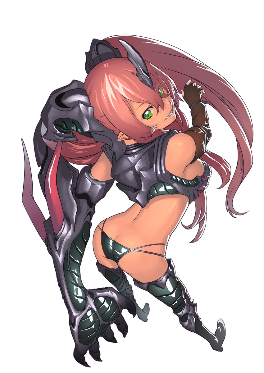 armor ass bikini bikini_armor black_armor black_bikini black_gloves black_legwear boots butt_crack dark_skin elbow_gloves fang fingerless_gloves foreshortening from_above gauntlets gloves green_eyes grin hamama2 headgear highres horn jigoku_sensei_nube long_hair midriff minki_(jigoku_sensei_nube) perspective pink_hair pointy_ears revealing_clothes simple_background single_elbow_glove smile solo swimsuit thigh_boots thighhighs twintails very_long_hair white_background