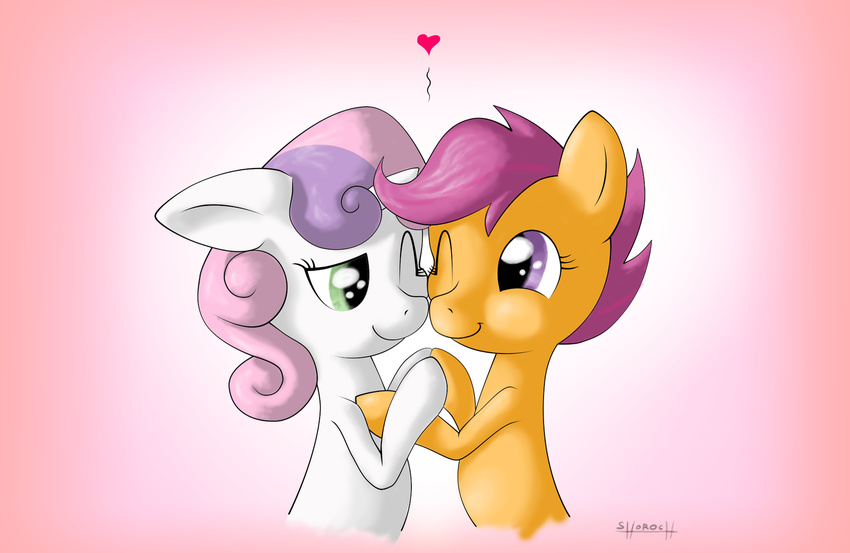 duo equine female feral friendship_is_magic fur green_eyes hair horn horse mammal my_little_pony orange_fur pink_hair pony purple_eyes purple_hair scootaloo_(mlp) shoroch sweetie_belle_(mlp) unicorn white_fur young