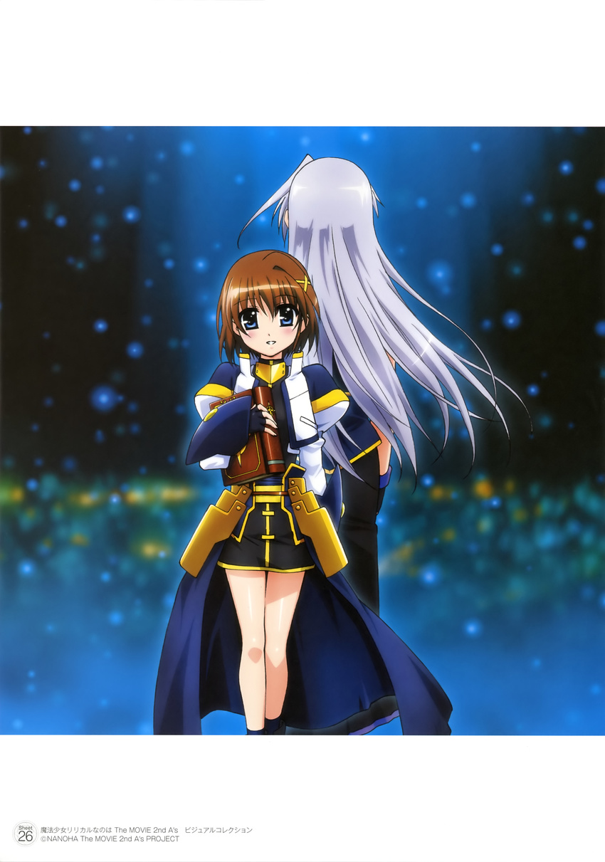 absurdres artbook back-to-back blue_eyes blush book brown_hair cross fingerless_gloves gloves hair_ribbon highres long_hair lyrical_nanoha mahou_shoujo_lyrical_nanoha mahou_shoujo_lyrical_nanoha_a's mahou_shoujo_lyrical_nanoha_the_movie_2nd_a's multiple_girls official_art okuda_yasuhiro reinforce ribbon short_hair silver_hair skirt smile tome_of_the_night_sky yagami_hayate