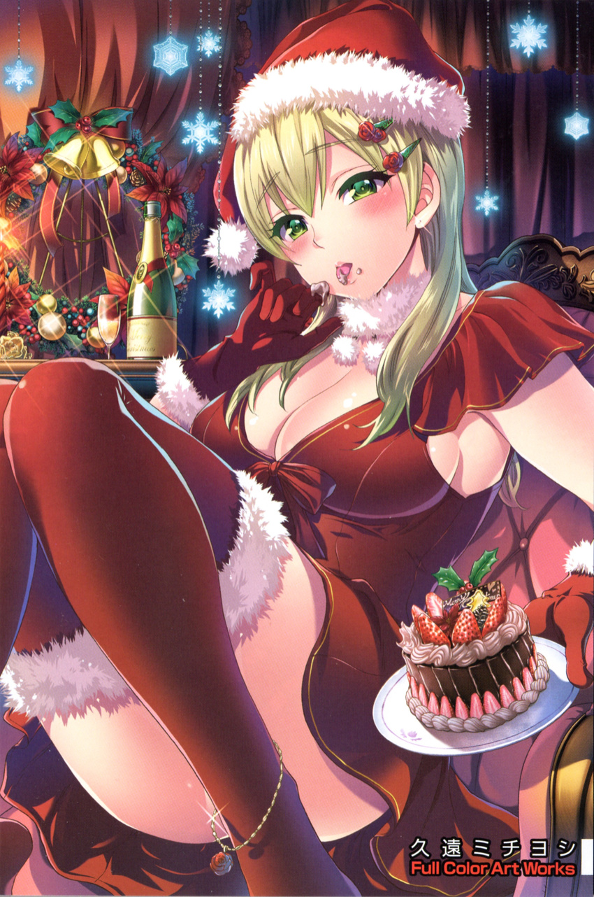 :p absurdres alcohol blonde_hair blush breasts cake champagne cleavage copyright_request cream food fruit fur_trim gloves green_eyes hair_ornament hairpin hat head_tilt highres kuon_michiyoshi large_breasts legs licking looking_at_viewer plate red_legwear santa_costume santa_hat sideboob snowflakes solo strawberry thighhighs tongue tongue_out wreath