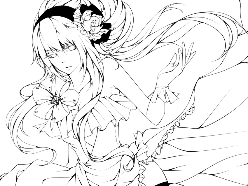 breasts cleavage dress gloves greyscale hair_ornament hairband highres lineart long_hair medium_breasts megurine_luka monochrome solo sundress thighhighs vocaloid zukiyuki