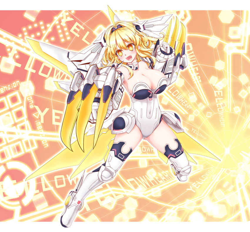 :d armor armpits bangs bare_shoulders blonde_hair blush boots breasts character_name claw_(weapon) clenched_hands covered_navel dual_wielding fang faulds full_body gloves glowing gradient gradient_background greaves hair_ornament happy head_tilt headgear highres holding jewelry kami_jigen_game_neptune_v large_breasts legs_apart leotard long_hair looking_at_viewer magical_girl mizunashi_(second_run) neck_ring neptune_(series) open_mouth orange_eyes outline power_symbol sideboob smile solo strapless strapless_leotard symbol-shaped_pupils thigh_boots thighhighs vambraces weapon white_footwear white_legwear wings yellow_heart