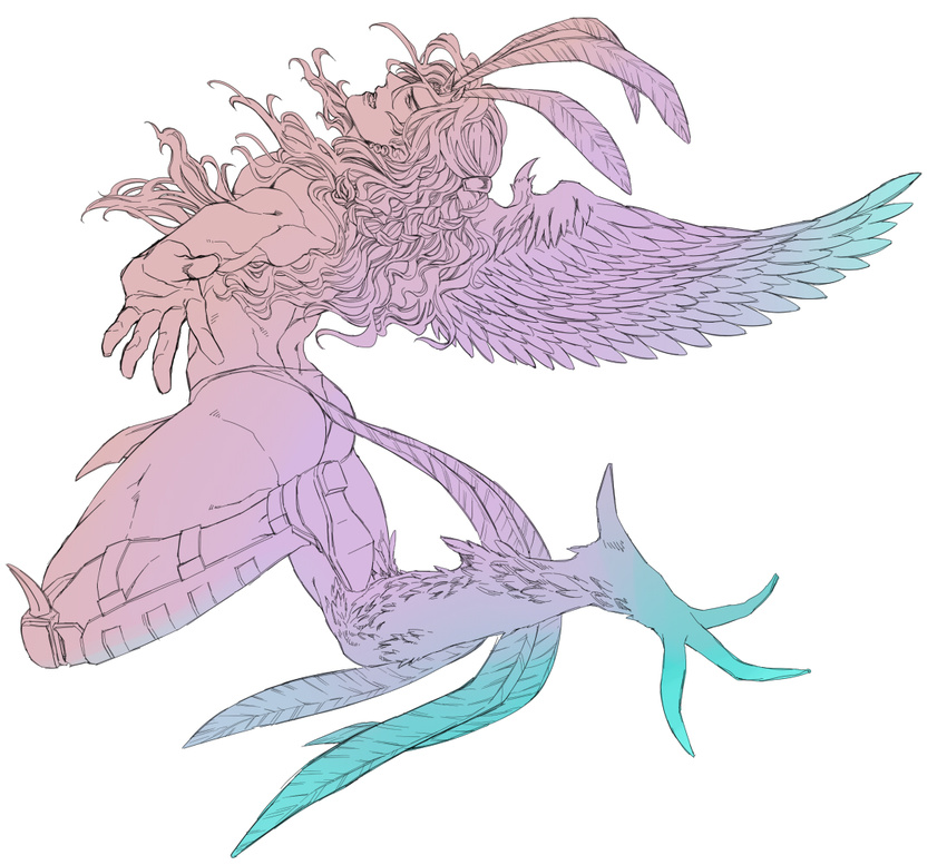 feathers gradient harpy_boy headdress jojo_no_kimyou_na_bouken kars_(jojo) long_hair male_focus monochrome monster_boy sanako_(tsubakiiro) solo wings