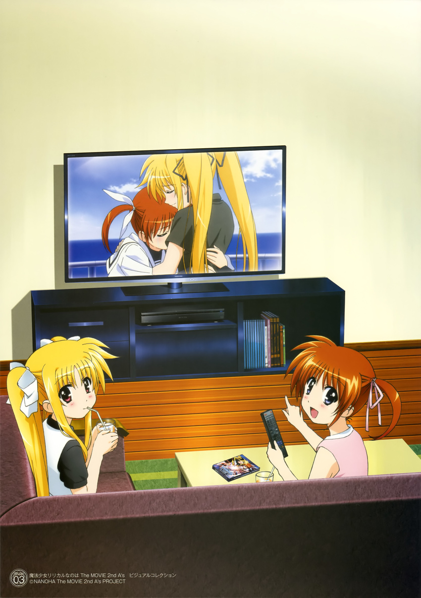 absurdres blonde_hair blue_eyes brown_hair casual drink fate_testarossa highres looking_back lyrical_nanoha mahou_shoujo_lyrical_nanoha mahou_shoujo_lyrical_nanoha_a's mahou_shoujo_lyrical_nanoha_the_movie_2nd_a's multiple_girls non-web_source official_art okuda_yasuhiro open_mouth pointing red_eyes short_twintails takamachi_nanoha television twintails