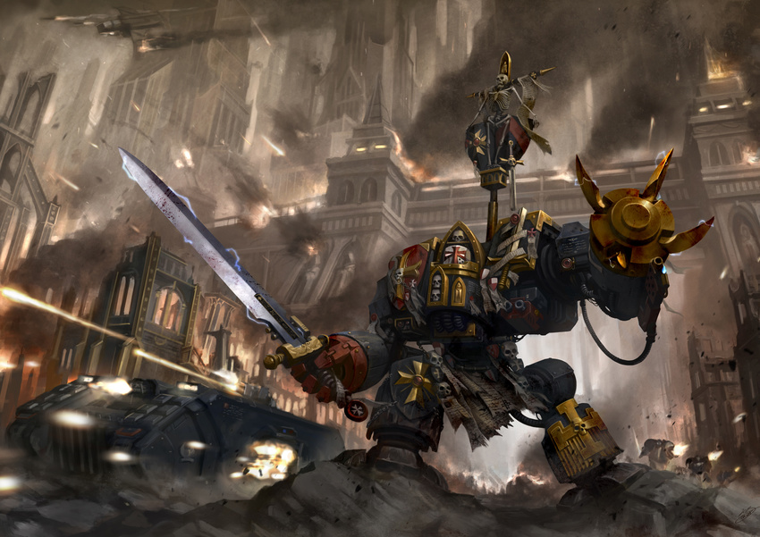 architecture banner battle bolter city crimson_fists dreadnought fire firing gothic_architecture highres holding holding_sword holding_weapon iron_cross land_raider mecha military military_vehicle no_humans okita pointing pointing_forward power_armor power_claw power_sword realistic robot ruins seal skeleton skull smoke sword totem_pole warhammer_40k weapon