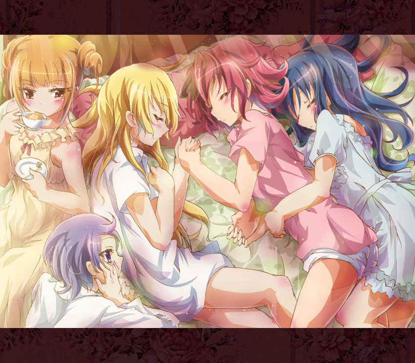 aida_mana bed blonde_hair blue_hair closed_eyes cup dokidoki!_precure drinking hair_down hand_on_own_cheek harem highres hishikawa_rikka hug hug_from_behind inoshishi_(ikatomo) kenzaki_makoto leg_between_thighs letterboxed long_hair lying multiple_girls night_clothes nightgown on_side orange_hair pink_hair precure purple_eyes purple_hair regina_(dokidoki!_precure) saucer short_hair sitting sleeping tea teacup yotsuba_alice yuri