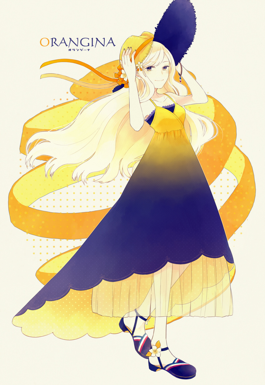 bad_id bad_pixiv_id blonde_hair bracelet character_name dress flower hair_flower hair_ornament hands_on_headwear hat hat_flower hat_ribbon highres jewelry long_hair looking_at_viewer o-ishi orange_blossoms orangina ribbon smile solo standing sun_hat