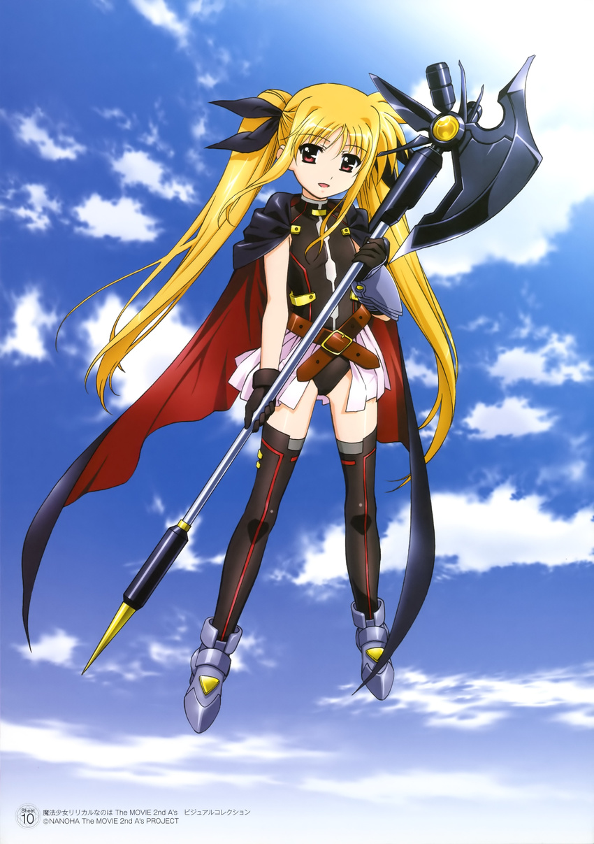 absurdres bardiche black_legwear blonde_hair cloud day fate_testarossa gloves highres leotard long_hair lyrical_nanoha mahou_shoujo_lyrical_nanoha mahou_shoujo_lyrical_nanoha_a's mahou_shoujo_lyrical_nanoha_the_movie_2nd_a's non-web_source official_art okuda_yasuhiro red_eyes sky solo thighhighs twintails very_long_hair