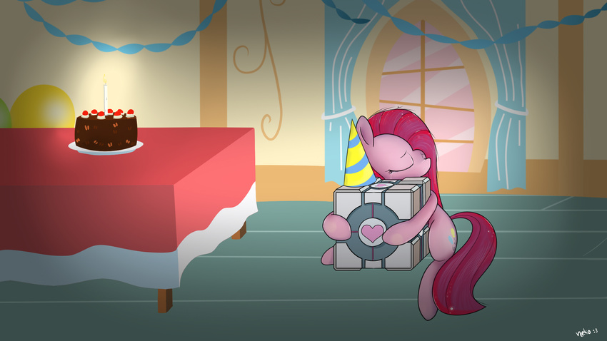 absurd_res cake candle crossover crying cuddling cutie_mark dark detailed_background equine eyes_closed female feral food friendship_is_magic fur hair hat hi_res horse hug inside mammal mcsadat my_little_pony party party_hat pink_fur pink_hair pinkamena_(mlp) pinkie_pie_(mlp) pony portal_(series) sad signature sitting solo valve weighted_companion_cube window